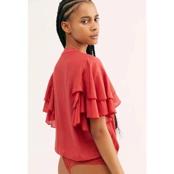 Free People Call Me Later Red Ruffle Sleeve Bodysuit - Size: Small - EUC - Picture 2 of 7